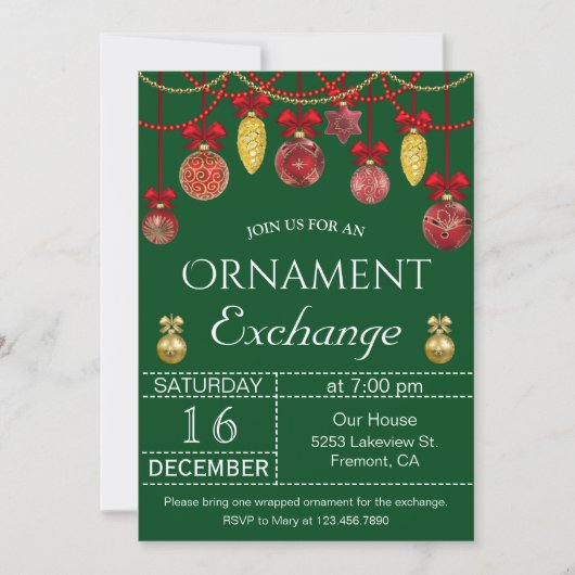 Kerst Baubles Ornament Exchange Party Uitnodigen Kaart (Voorkant)