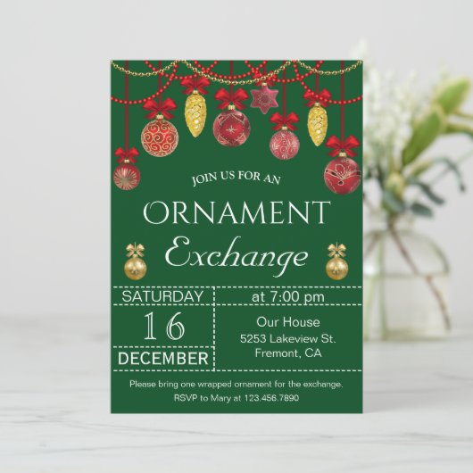 Kerst Baubles Ornament Exchange Party Uitnodigen Kaart (Staand voorkant)