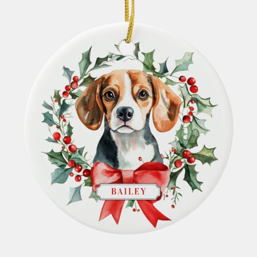 Kerst Beagle Dog Keramische Cirkel Ornament (Voorkant)