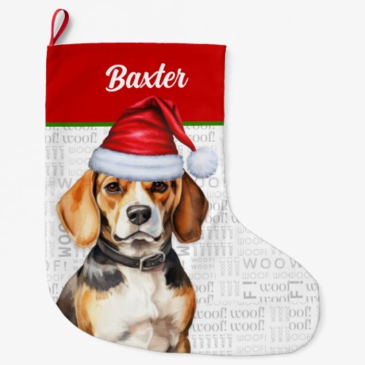 Kerst Beagle met de naam van de hond Grote Kerstsok (Voorkant)
