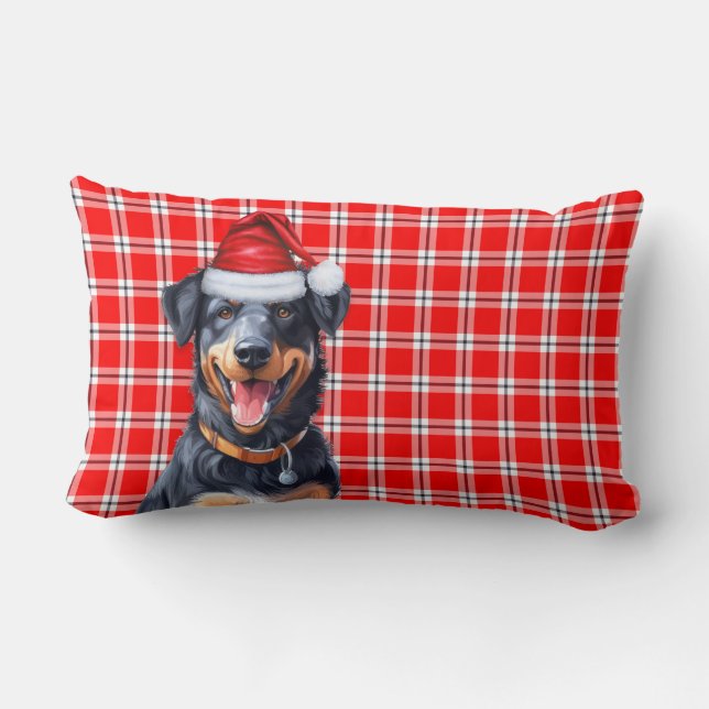 Kerst Beauceron Hond Red Plaid Vakantie Kussen (Achterkant)
