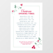 Kerst bedrijfsopeningstijden, groene rode hulst raamsticker (Vel)