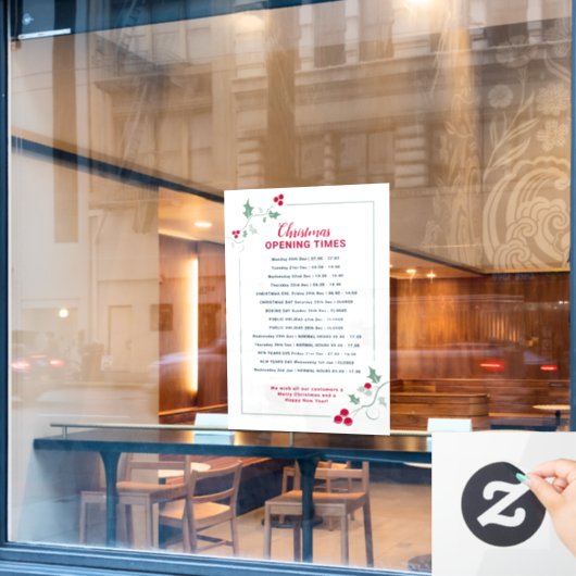 Kerst bedrijfsopeningstijden, groene rode hulst raamsticker (Cafe Raam)