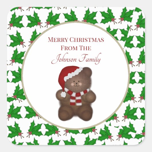 Kerst Beer en Holly Custom Vierkante Sticker (Voorkant)