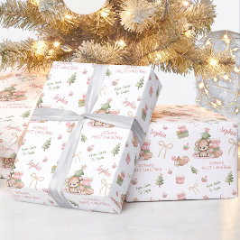 Kerst Beer Meisje Roze Naam Tekst Kerstmis Cadeaupapier