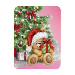 Kerst Beer met Cadeau en Boomdecoratie Magneet