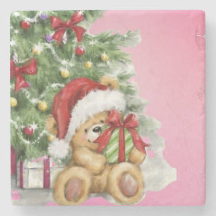 Kerst Beer met Cadeau en Boomdecoratie Stenen Onderzetter