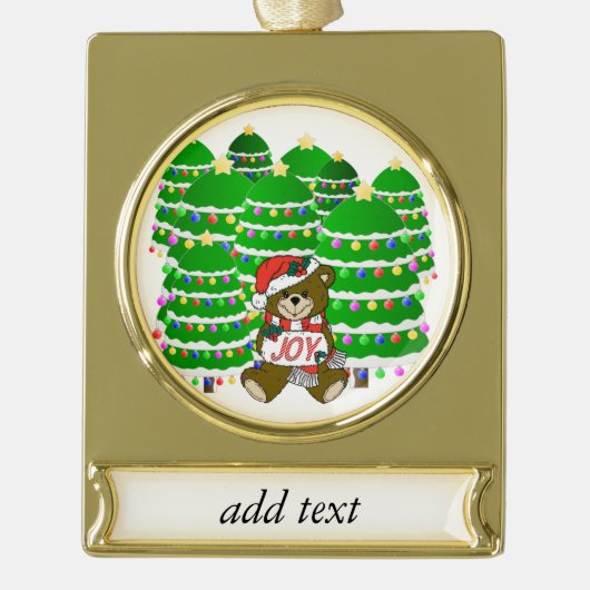 Kerst Beer met vreugdeteken en kerstbomen Verguld Banner Ornament (Voorkant)