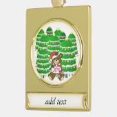Kerst Beer met vreugdeteken en kerstbomen Verguld Banner Ornament (Links)