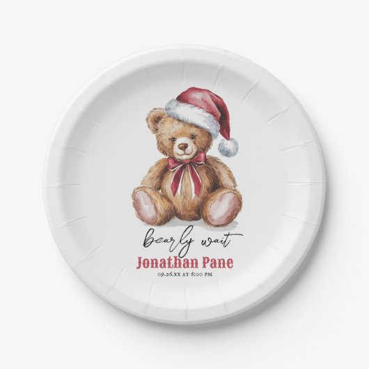 Kerst Beer Waterverf Bearly Wait Baby shower Papieren Bordje (Voorkant)