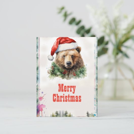 Kerst Beer Waterverf Briefkaart (Staand voorkant)