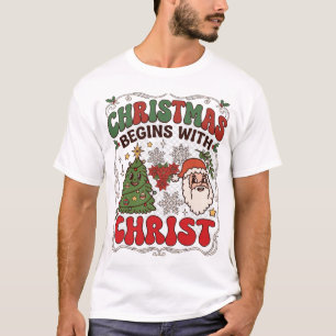 Kerst begint Christus Kerstman Boom Sneeuwvlok T-shirt