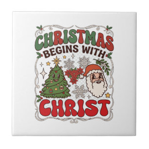 Kerst begint Christus Kerstman Boom Sneeuwvlok Tegeltje