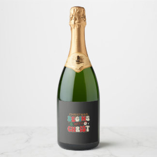 Kerst begint met Christus Retro Kerstman Sparkling Wijnetiket