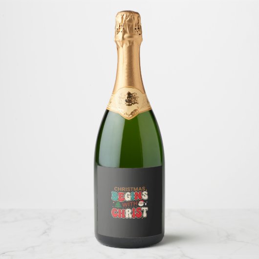 Kerst begint met Christus Retro Kerstman Sparkling Wijnetiket (Voorkant)