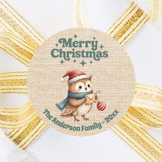 Kerst beige burlap schattige uil ronde sticker