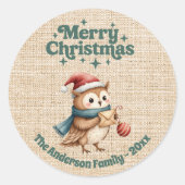 Kerst beige burlap schattige uil ronde sticker (Voorkant)