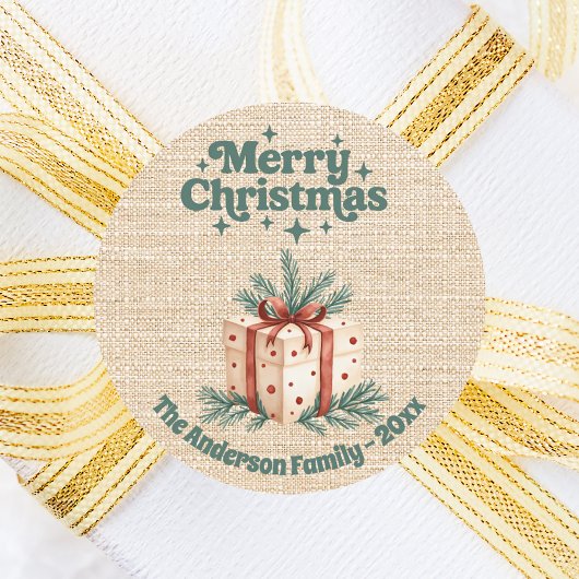 Kerst beige jute geschenkdoos ronde sticker