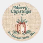 Kerst beige jute geschenkdoos ronde sticker (Voorkant)