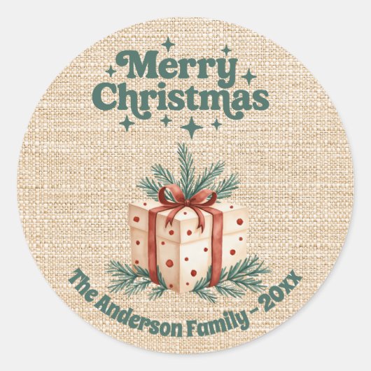 Kerst beige jute geschenkdoos ronde sticker (Voorkant)