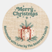 Kerst beige jute geschenkdoos zelfgemaakt ronde sticker (Voorkant)