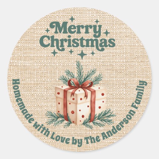 Kerst beige jute geschenkdoos zelfgemaakt ronde sticker (Voorkant)