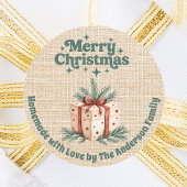 Kerst beige jute geschenkdoos zelfgemaakt ronde sticker
