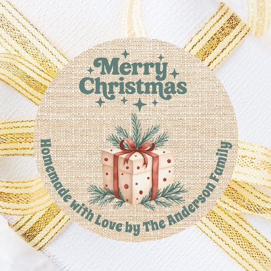 Kerst beige jute geschenkdoos zelfgemaakt ronde sticker