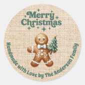 Kerst beige jute peperkoek man handgemaakt ronde sticker (Voorkant)