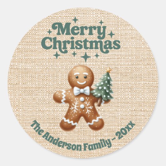 Kerst beige jute peperkoek man ronde sticker (Voorkant)