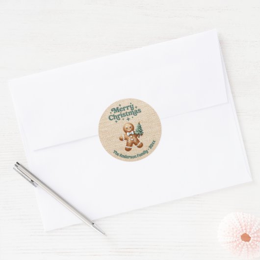 Kerst beige jute peperkoek man ronde sticker (Envelop)