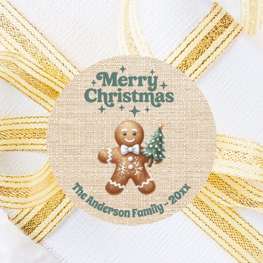 Kerst beige jute peperkoek man ronde sticker