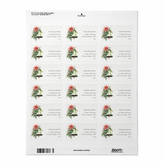 Kerst Bell Pine Poinsettia Foliage Adres Etiket (Full Sheet)
