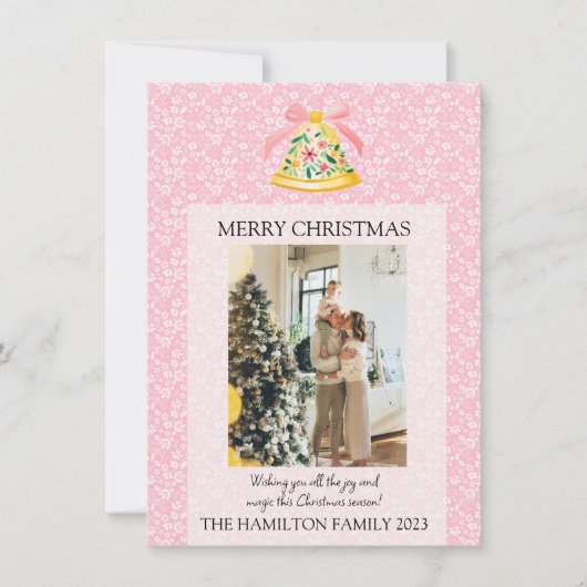 Kerst Bell Roze Preppy met Foto Feestdagenkaart (Voorkant)