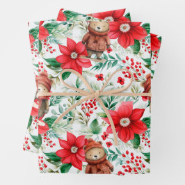 Kerst Beren & Poinsettias Wrapping Paper