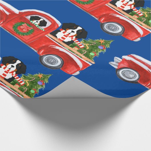 Kerst Berner Sennenhonden Rode Truck Blauw Cadeaupapier (Hoek)