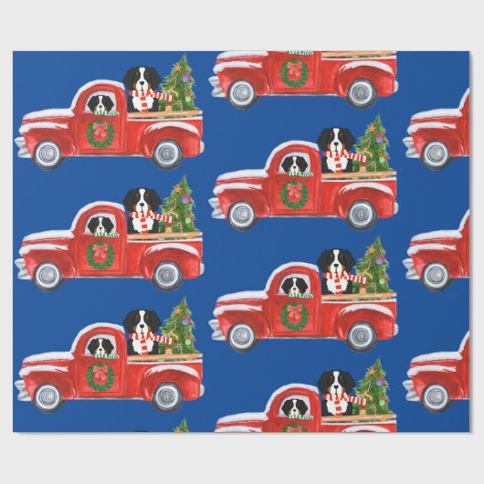 Kerst Berner Sennenhonden Rode Truck Blauw Cadeaupapier (Vlak)