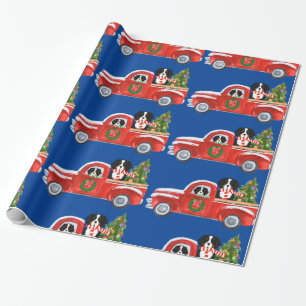 Kerst Berner Sennenhonden Rode Truck Blauw Cadeaupapier
