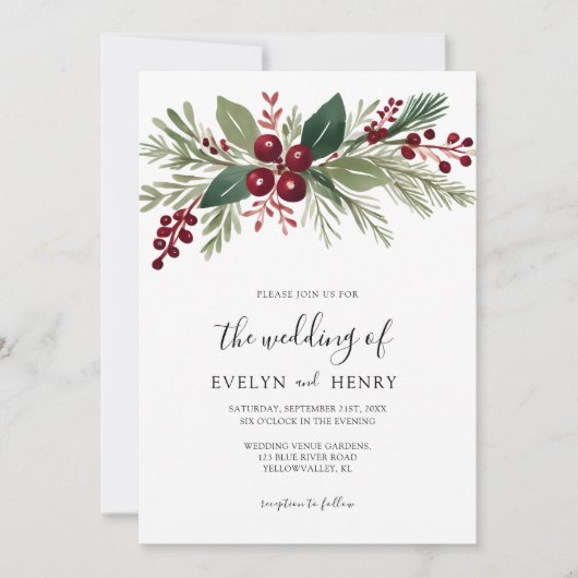 Kerst bessen groen bruiloft kaart (Voorkant)