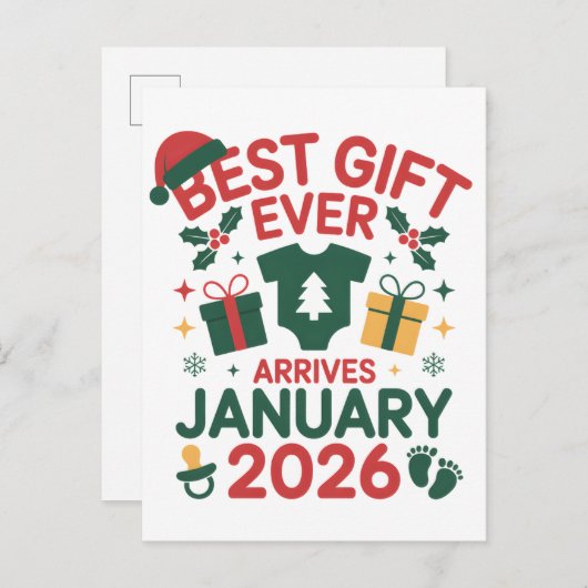 Kerst beste cadeau arriveert januari 2026 koppels aankondigingskaart (Voorkant / Achterkant)