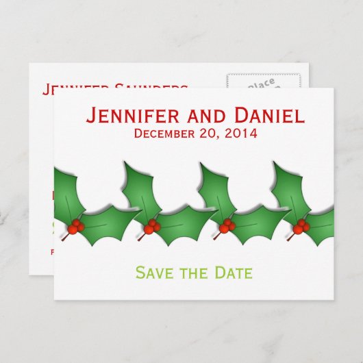 Kerst Bewaar de Datum Aankondigingen Holly Aankondigingskaart (Voorkant / Achterkant)