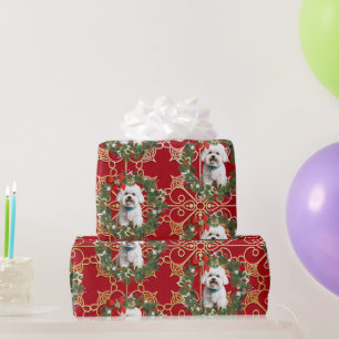 Kerst Bichon Frise op rode sneeuwvlok achtergrond Cadeaupapier