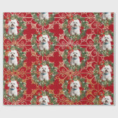 Kerst Bichon Frise op rode sneeuwvlok achtergrond Cadeaupapier (Vlak)