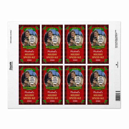 Kerst Bier Custom Foto Rood Plaid Homebrewing Etiket (Full Sheet)