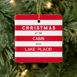 Kerst bij het Cabin Red Nautical Stripe Lake Keramisch Ornament