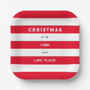 Kerst bij het Cabin Red Nautical Stripe Lake Papieren Bordje
