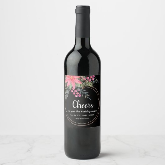 Kerst: bijtend "Floral Pink Wine Label" Wijn Etiket (Voorkant)