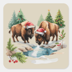 Kerst Bizon Buffalo Dier Westers Wilde Dieren Vierkante Sticker