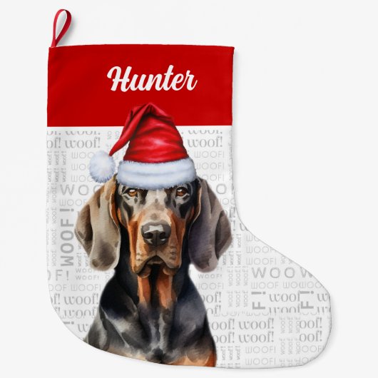 Kerst Black Tan Coonhound met de naam van de hond Grote Kerstsok (Voorkant)