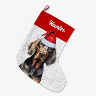 Kerst Black Tan Coonhound met de naam van de hond Grote Kerstsok